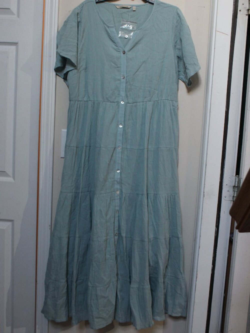 Soft Surroundings Delfos Gauze Buttonfront Tiered Maxi Dress, Stone Blue, XL